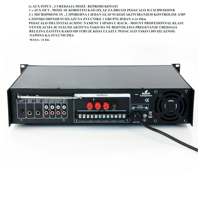 Pojačalo 100V PRO Audio 6 Zona PROFESIONAL 360W